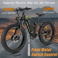 5000w Peak Dual Motor Electric Bike, 26" Fat Tire Shimano 21 Speed 45 MPH Commuter Mtb, 60V 25AH Front Suspension Ebike