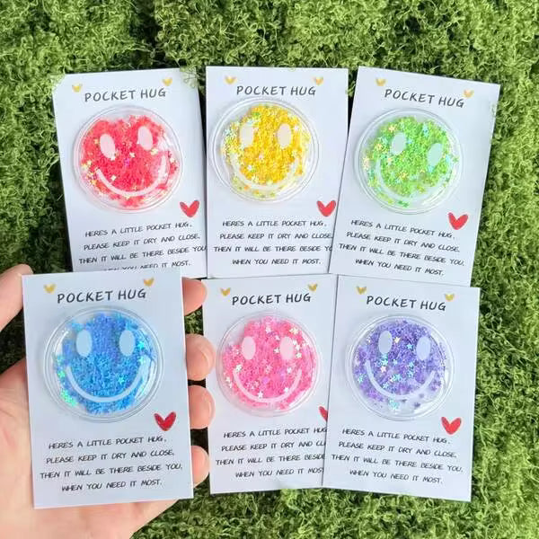 12pcs Colorful Glitter Joyful Face Stickers For Pocket Hug Cards - Assorted Sparkling Colors, Plastic Cartoon Decorations, No Batteries Needed, Perfect For Birthdays, Valentine's Day, Weddings & Encouragement Gifts, Cute Stickers