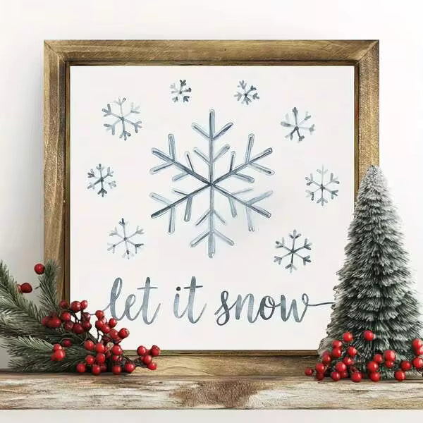 1 Piece 'Let It Snow' Wooden Frame Wall Decoration - Vintage Christmas Decor With Snowflake And Pine Tree Patterns, 8x8inch  Wood Artwork, No Electricity Required, Festive Home Decor