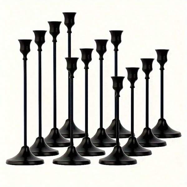 12pcs Elegant Romantic Black Candle Holders, European Style Dinner Candle Holders Metal Candle Holder Set, Suitable For Home Decor, Wedding Decor, Christmas, Room Decor, Holiday Party Decor, Thanksgiving, New Year, Valentine's Day Gifts