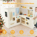 Corner Kids Kitchen Playset with Trash Can, Real Lights & Sounds, 2-Door Fridge, 22 Accessories, Wooden Pretend Play Kitchen for Toddlers 3+