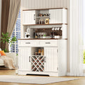 LAFGUR 72" Kitchen Storage Cabinet with Power Outlet & LED Light, Coffee Bar Cabinet with Drawers & Wine Glass Rack, Sideboard for Home, White