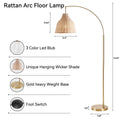 SUNMORY 72 in Arched Rattan Floor Lamp, Fabric Retro Boho Farmhouse Rustic Standing Lamp for Living Room, Bedroom, Office, 9W & Foot Switch & 3 Color Temperature, Gold