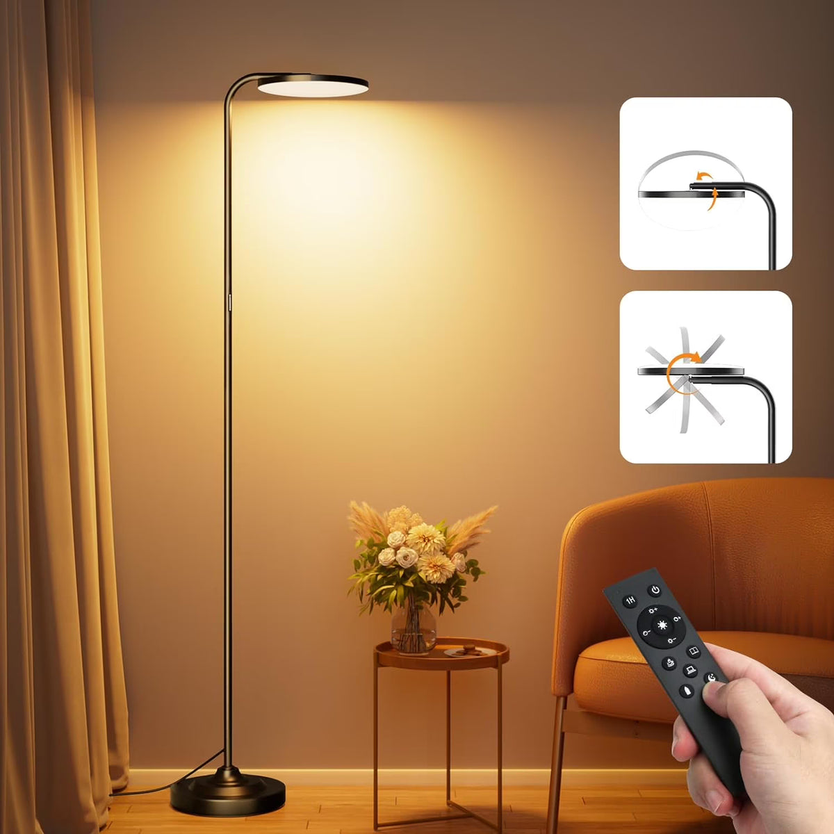 36W LED Floor Lamp, Super Bright Standing Lamp, Modern Stepless Dimmable Torchiere Tall Lamp with Remote Control, 350rotating Head Reading Floor Lamp for Living Room, Bedroom, Office