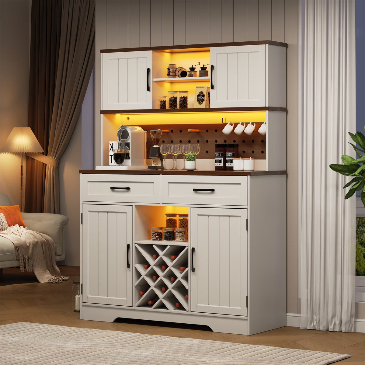 LAFGUR 72" Kitchen Storage Cabinet with Power Outlet & LED Light, Coffee Bar Cabinet with Drawers & Wine Glass Rack, Sideboard for Home, White
