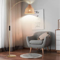 SUNMORY 72 in Arched Rattan Floor Lamp, Fabric Retro Boho Farmhouse Rustic Standing Lamp for Living Room, Bedroom, Office, 9W & Foot Switch & 3 Color Temperature, Gold