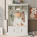 Hall Tree with Upholstered Bench and Coat Rack, Entryway Bench with 3 Hooks, 3 Open Shelves, 2 Drawers & Storage Cabinets, Mudroom Bench with Storage and Hooks for Foyer, Entry Way, Hallway (Beige)