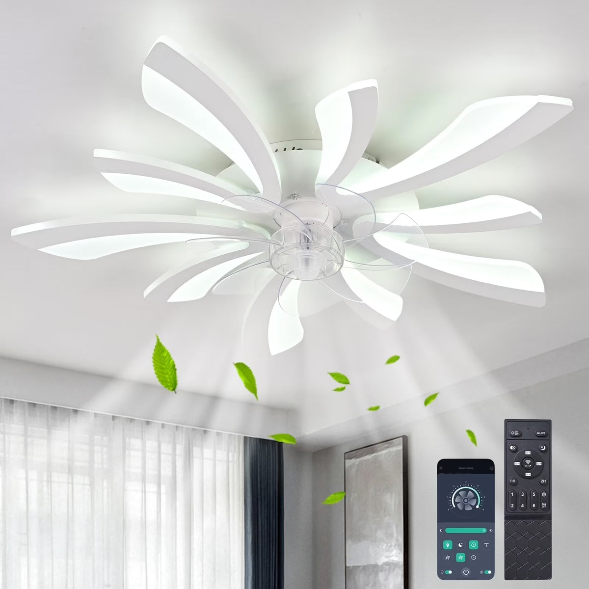Garwarm Dimmable Ceiling Fan with Light and Remote Control, 27" Small Flush Mounted Ceiling Fan with LED Lights, APP and Remote Controlled, Modern, White