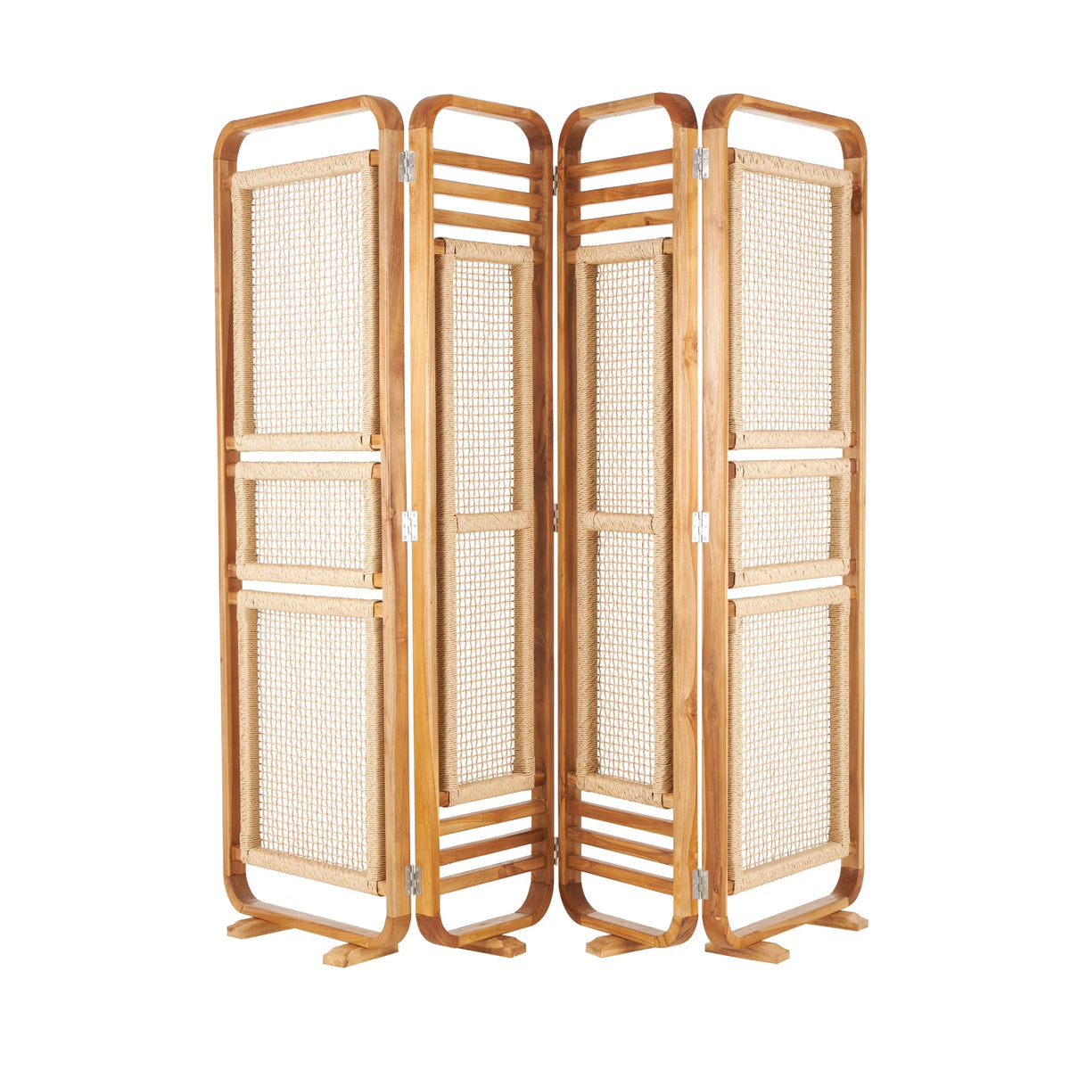 Decmode 79" x 70" Brown Teak Wood Handmade Foldable Partition 4 Panel Room Divider Screen with Woven Rattan Panels, 1 - Piece