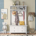 Hall Tree with Upholstered Bench and Coat Rack, Entryway Bench with 3 Hooks, 3 Open Shelves, 2 Drawers & Storage Cabinets, Mudroom Bench with Storage and Hooks for Foyer, Entry Way, Hallway (Beige)