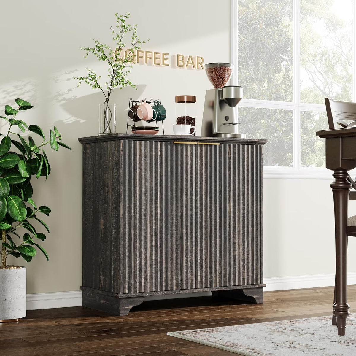Perfect Deals Await Modern Farmhouse Coffee Bar Cabinet �?kitchen Storage Cabinet with Fluted Doors, Sideboard Buffet with Adjustable Shelves for Kitchen, Dining Room, and Living Room, White